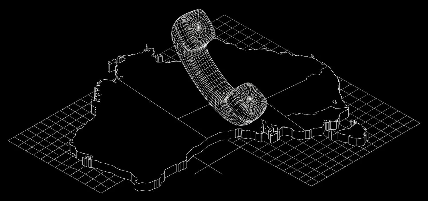 Isometric wireframe of Australia on a grid plane with a telephone handset resting across it, drawn as white linework on black