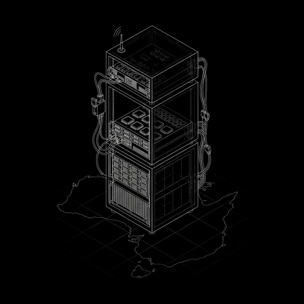 Isometric wireframe of a three-tier server rack standing on an outline map of Australia, drawn as white linework on black