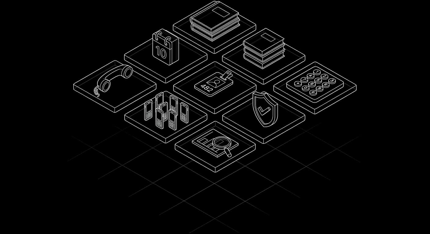 Isometric wireframe grid of seven feature modules