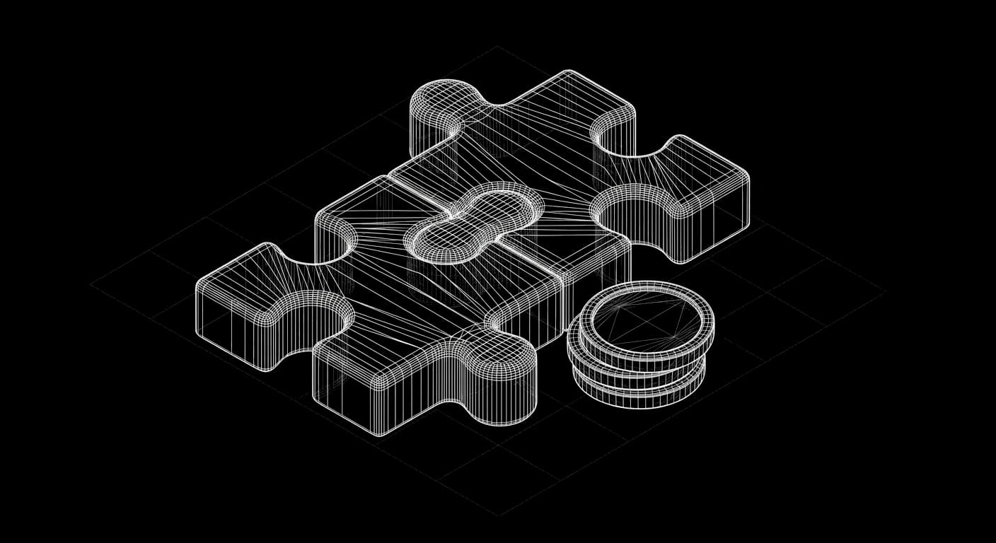 Isometric wireframe of two interlocking puzzle pieces beside a stack of coins